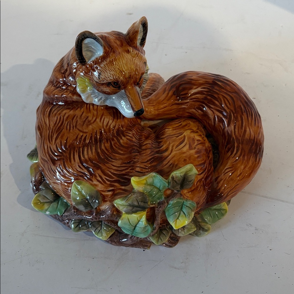 Ceramic Fox Figurine with Leaves